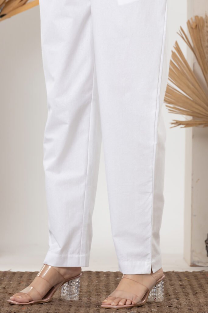 Women's Solid White Cotton Trouser Pant