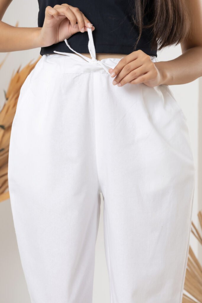 Women's Solid White Cotton Trouser Pant