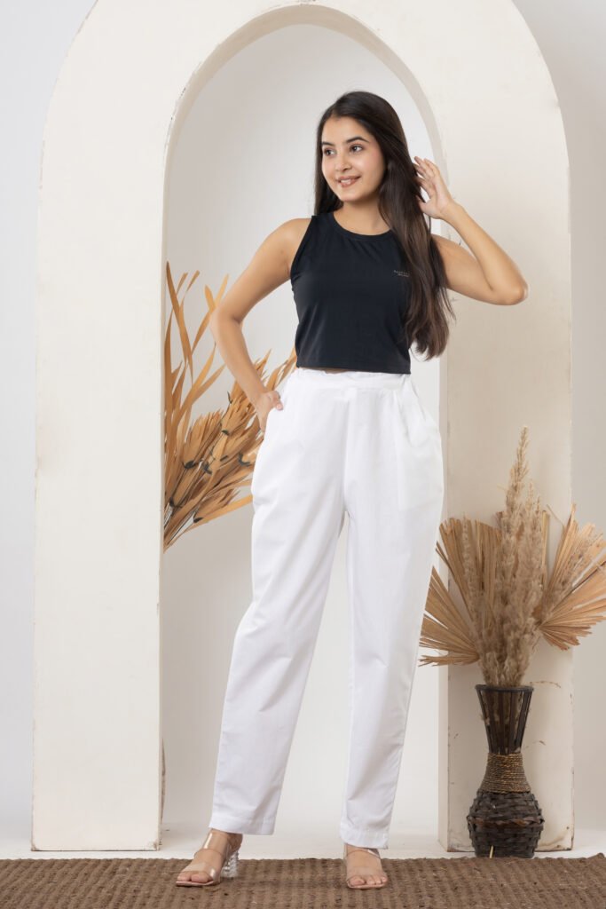 Women's Solid White Cotton Trouser Pant