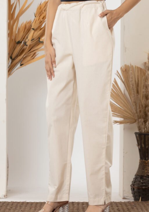 Women's Solid Cream Cotton Trouser Pant