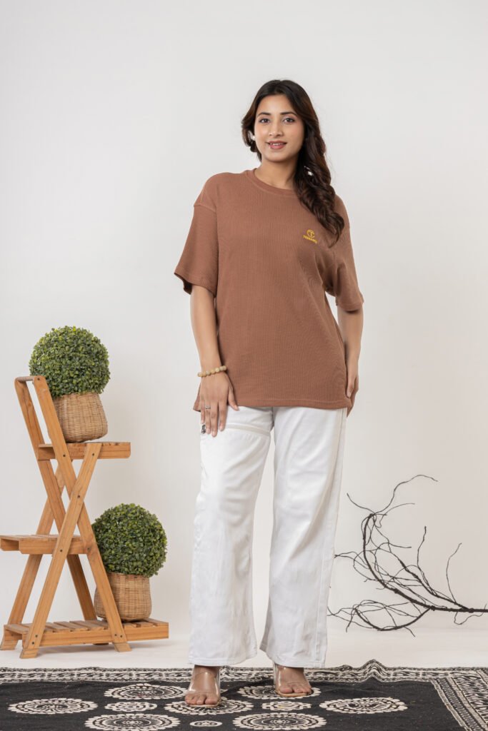 Teehance Women’s Brown Waffle Knit Oversized T-shirt