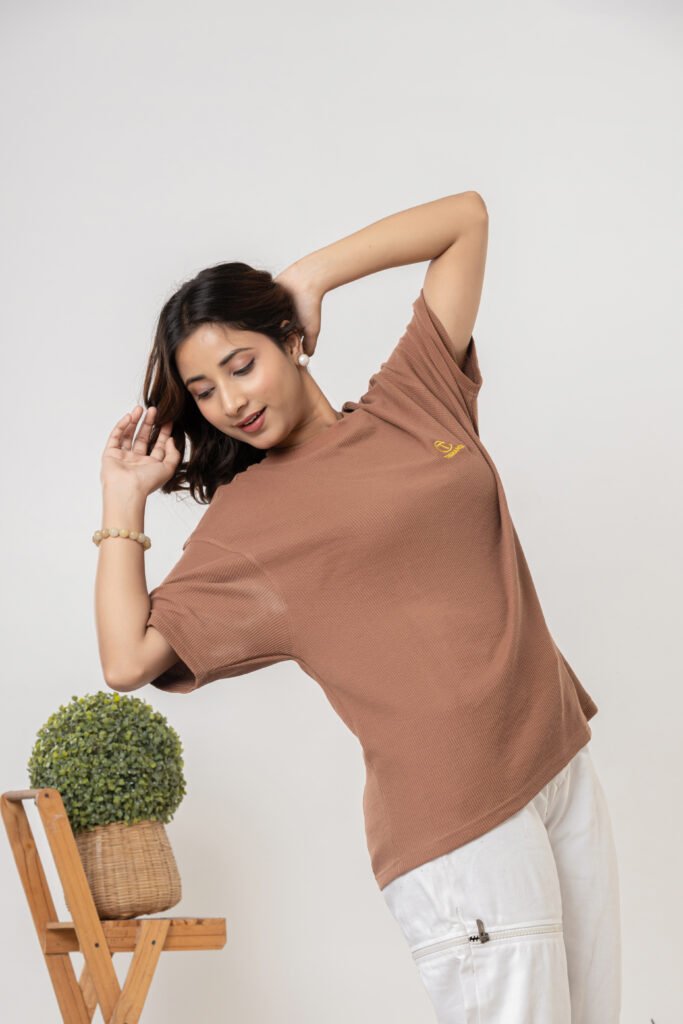 Teehance Women’s Brown Waffle Knit Oversized T-shirt
