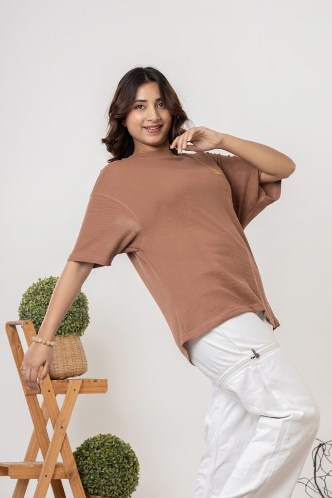 Teehance Women’s Brown Waffle Knit Oversized T-shirt