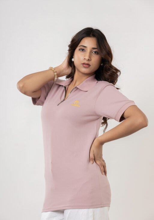 Teehance Women’s Dusty Pink Zip Collar Polo T-shirt