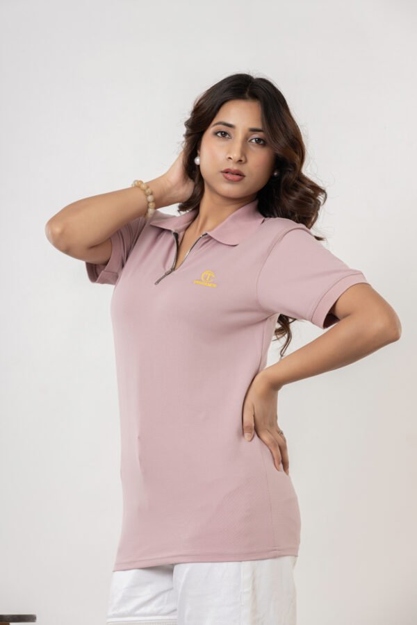 Teehance Women’s Dusty Pink Zip Collar Polo T-shirt