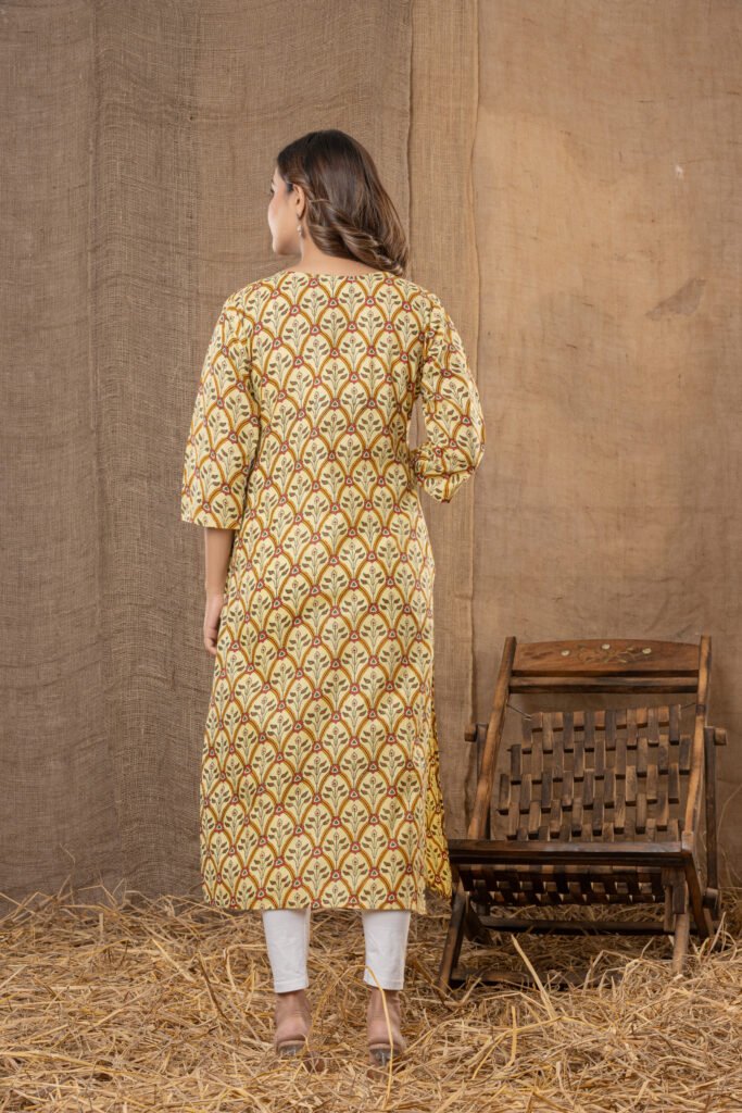 Women's Mustard & Maroon Leaf Printed A-Line Kurta