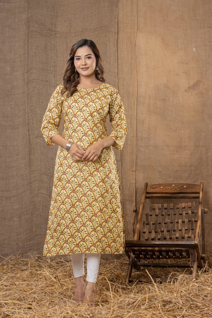 Women's Mustard & Maroon Leaf Printed A-Line Kurta