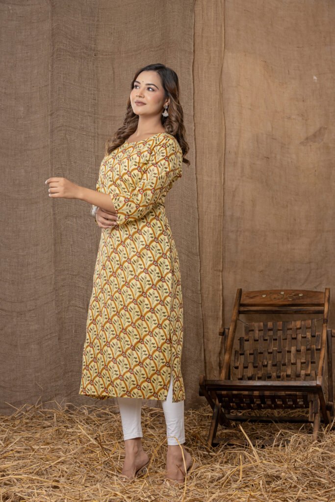 Women's Mustard & Maroon Leaf Printed A-Line Kurta