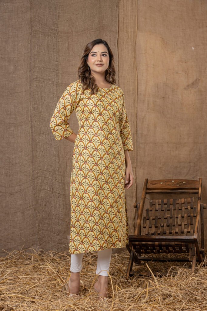 Women's Mustard & Maroon Leaf Printed A-Line Kurta