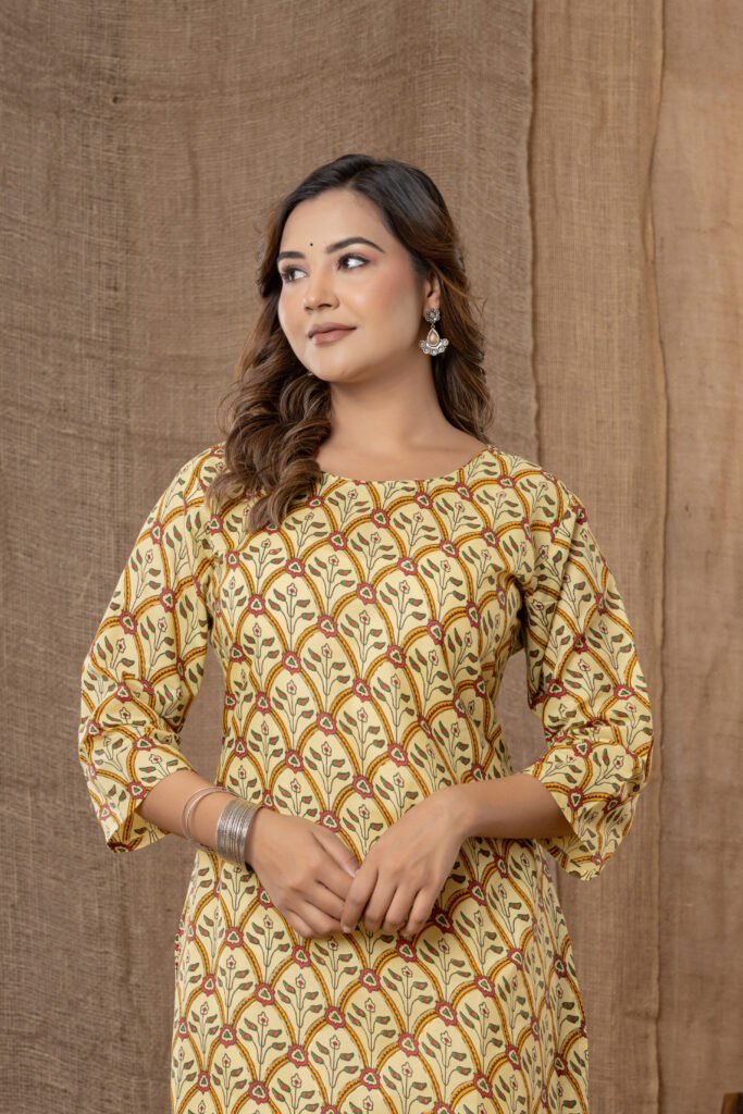 Women's Mustard & Maroon Leaf Printed A-Line Kurta