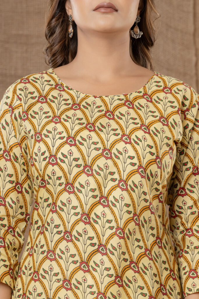 Women's Mustard & Maroon Leaf Printed A-Line Kurta