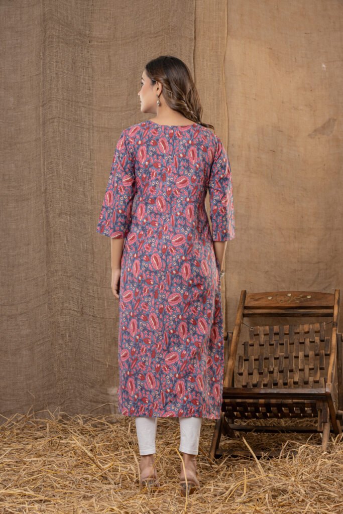 Women's Blue & Pink Contemporary Floral Print Anarkali Kurta