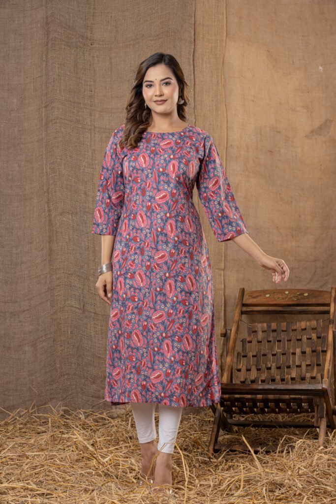 Women's Blue & Pink Contemporary Floral Print Anarkali Kurta