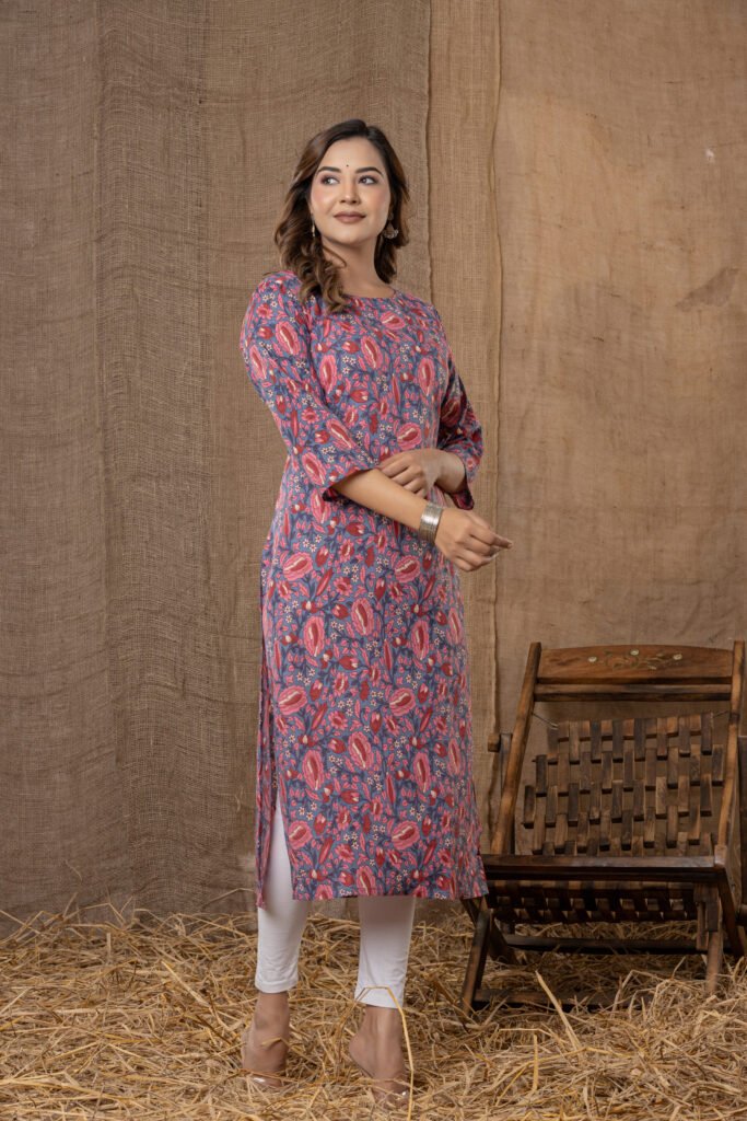 Women's Blue & Pink Contemporary Floral Print Anarkali Kurta