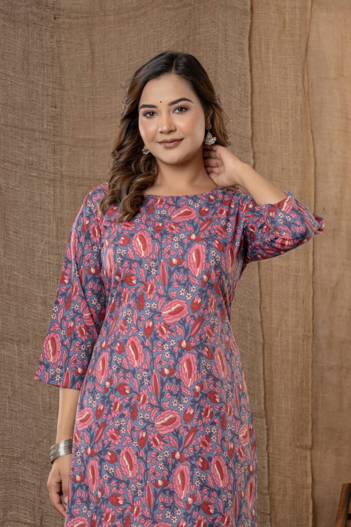 Women's Blue & Pink Contemporary Floral Print Anarkali Kurta