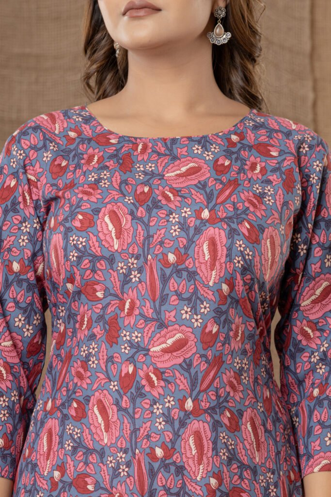 Women's Blue & Pink Contemporary Floral Print Anarkali Kurta