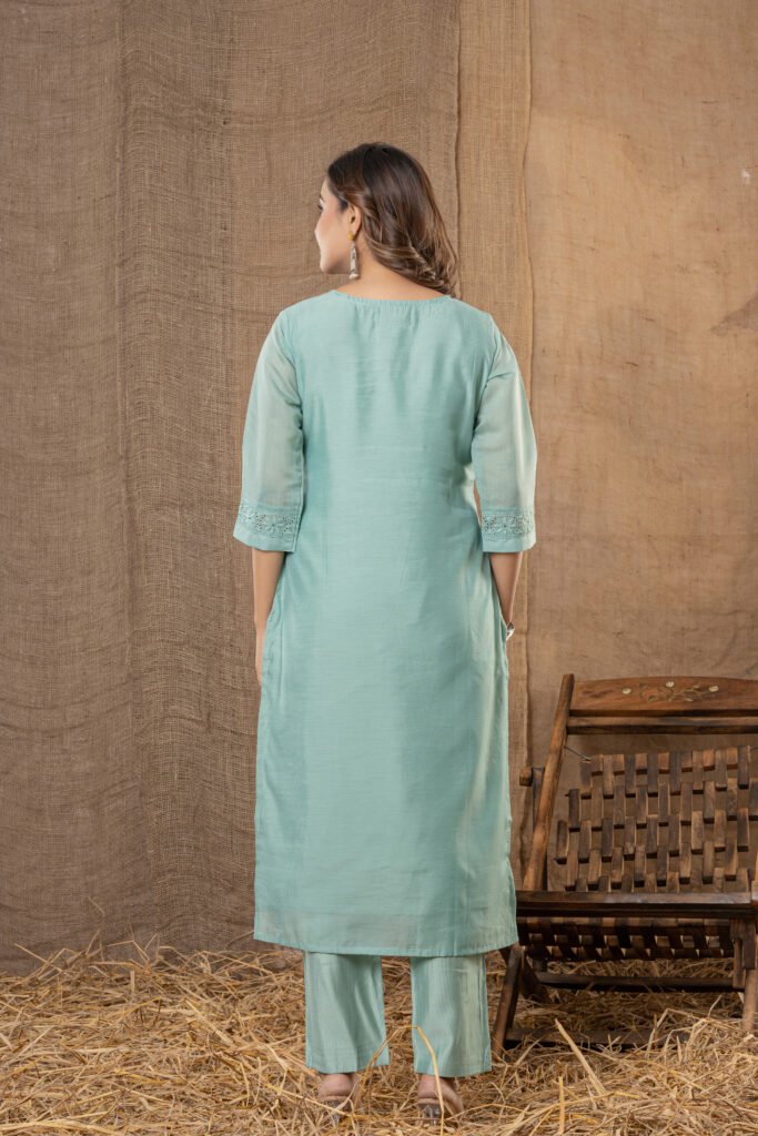 Women's Mint Green Embroidered Kurta Set with Floral Printed Dupatta