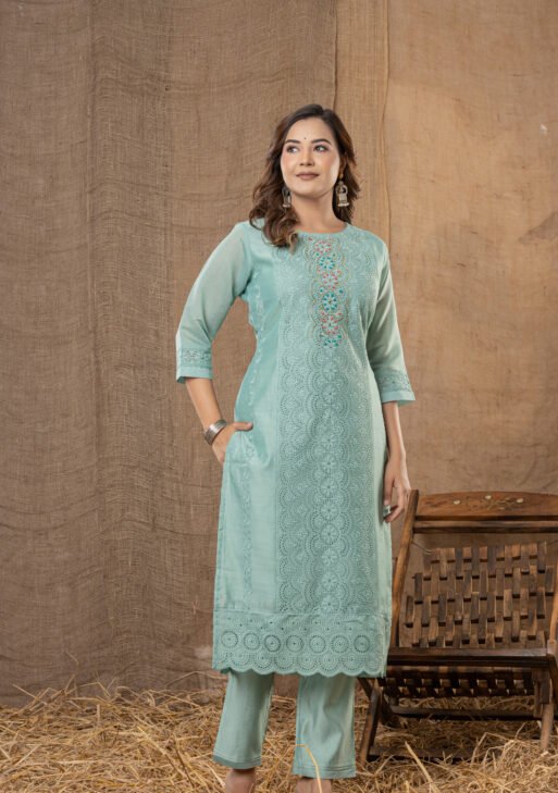 Women's Mint Green Embroidered Kurta Set with Floral Printed Dupatta