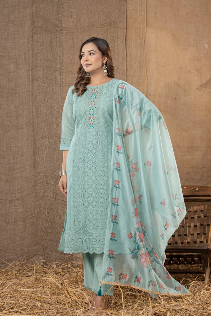 Women's Mint Green Embroidered Kurta Set with Floral Printed Dupatta