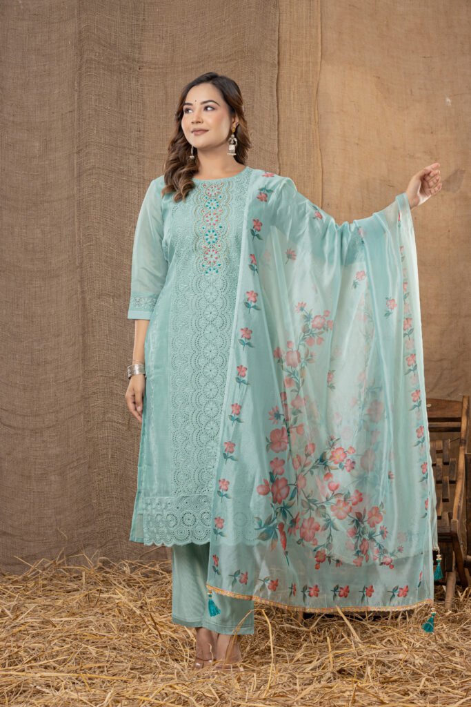 Women's Mint Green Embroidered Kurta Set with Floral Printed Dupatta
