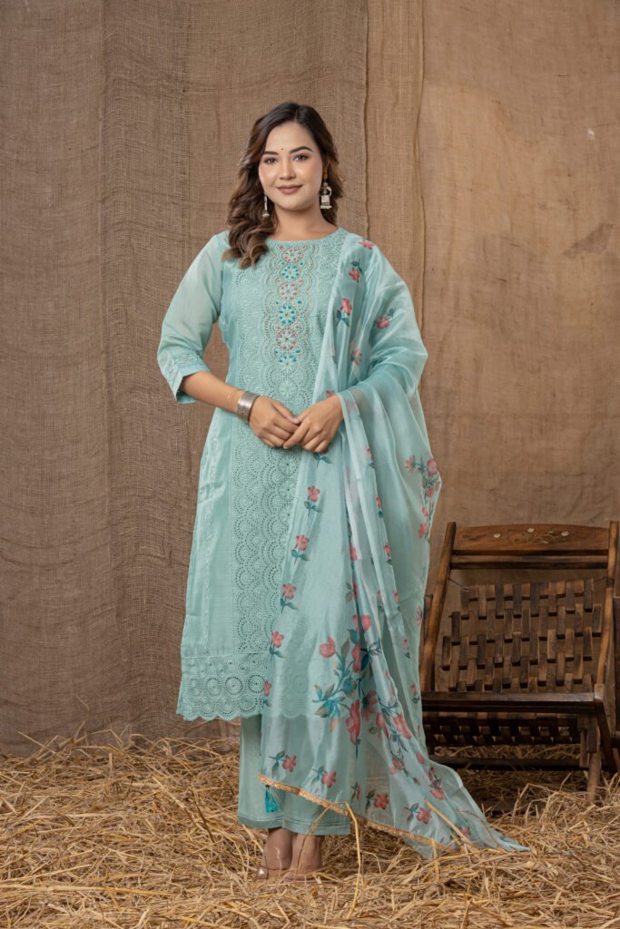 Women's Mint Green Embroidered Kurta Set with Floral Printed Dupatta