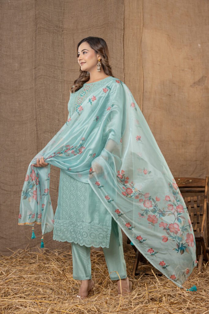 Women's Mint Green Embroidered Kurta Set with Floral Printed Dupatta