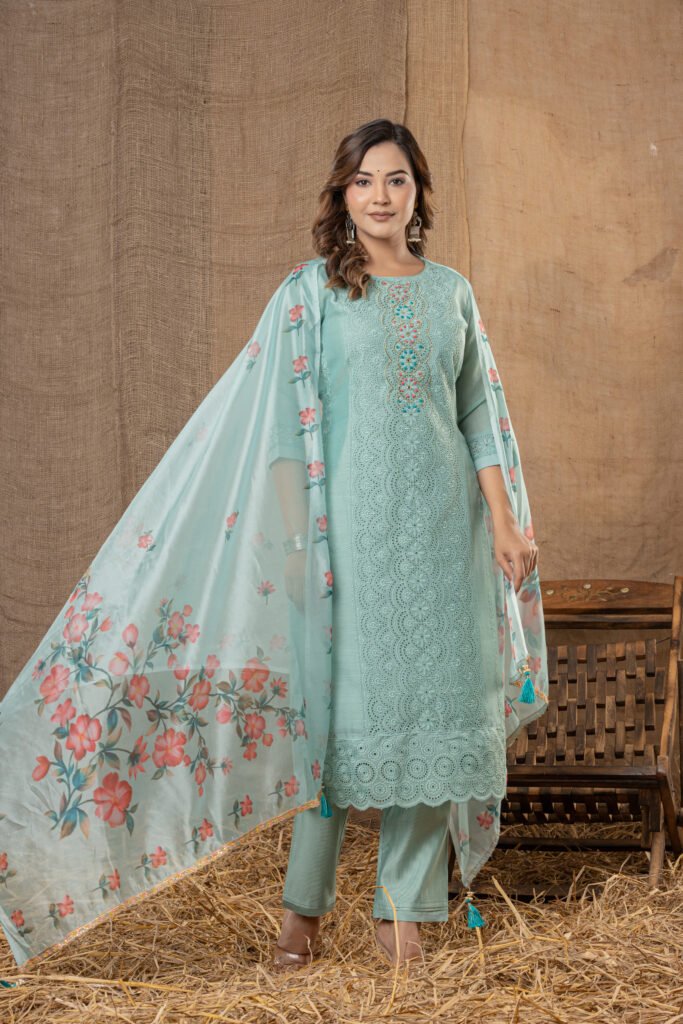 Women's Mint Green Embroidered Kurta Set with Floral Printed Dupatta
