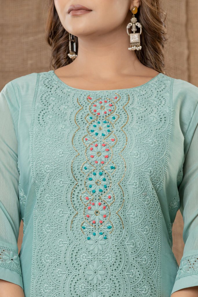 Women's Mint Green Embroidered Kurta Set with Floral Printed Dupatta