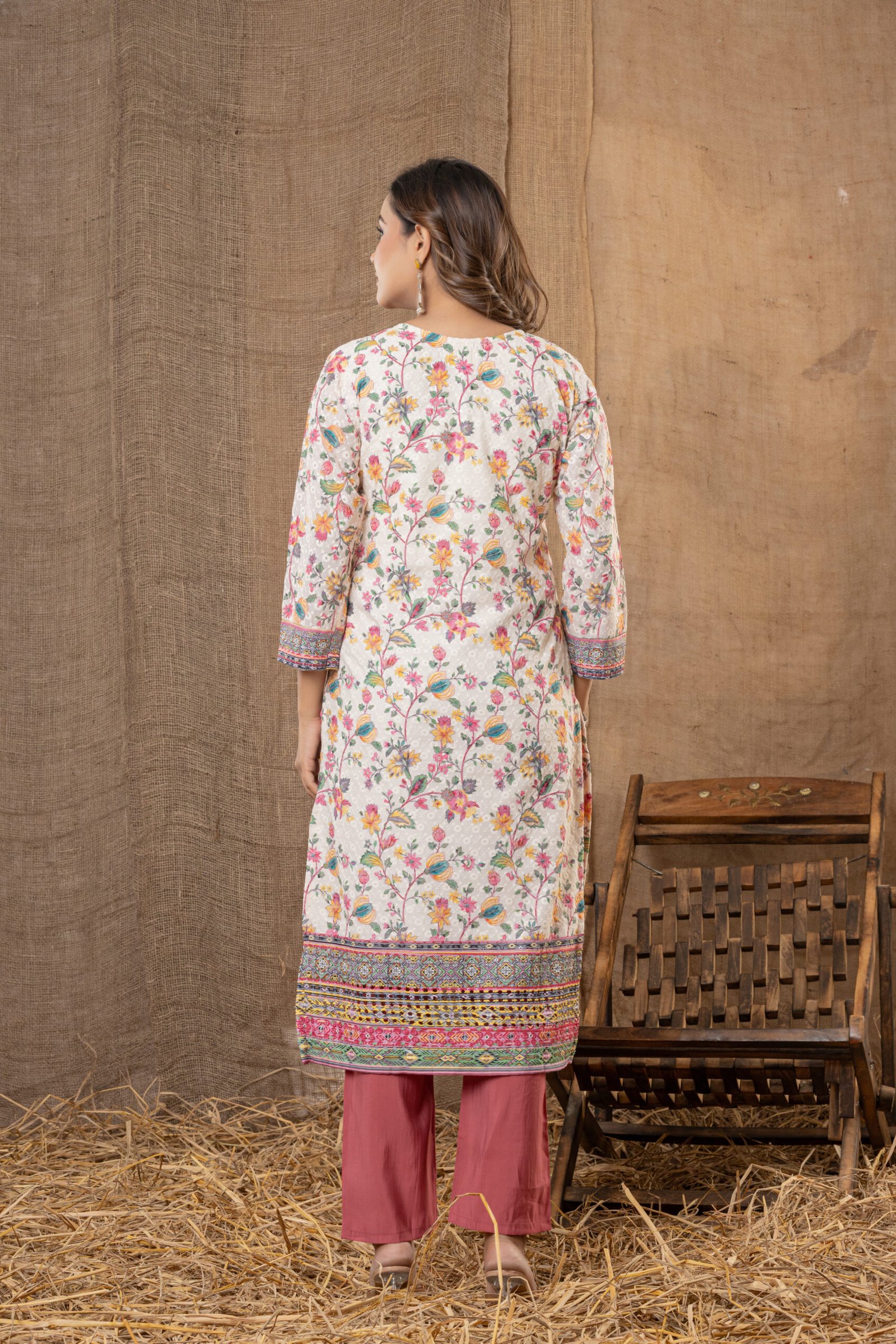 Women's Off-White Multi-Colour Floral Embroidered Cotton Suit Set with Pants & Dupatta - Image 2