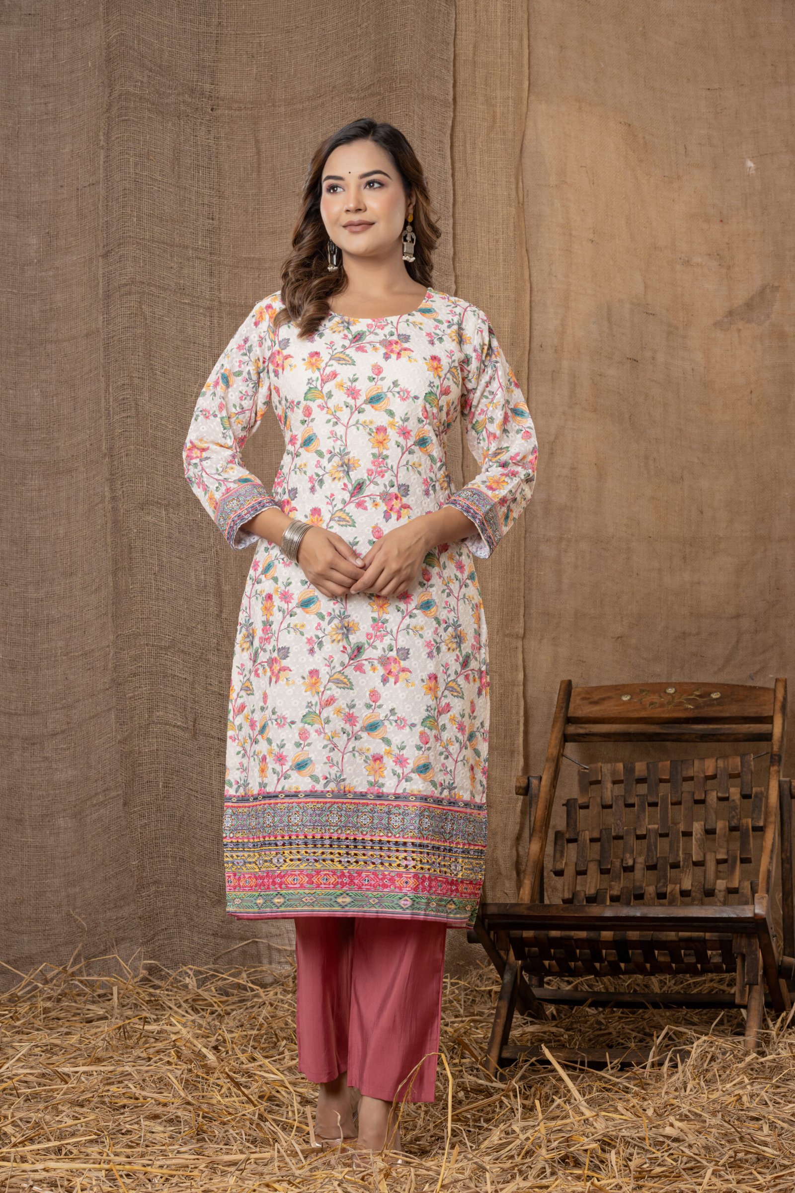 Women's Off-White Multi-Colour Floral Embroidered Cotton Suit Set with Pants & Dupatta - Image 5