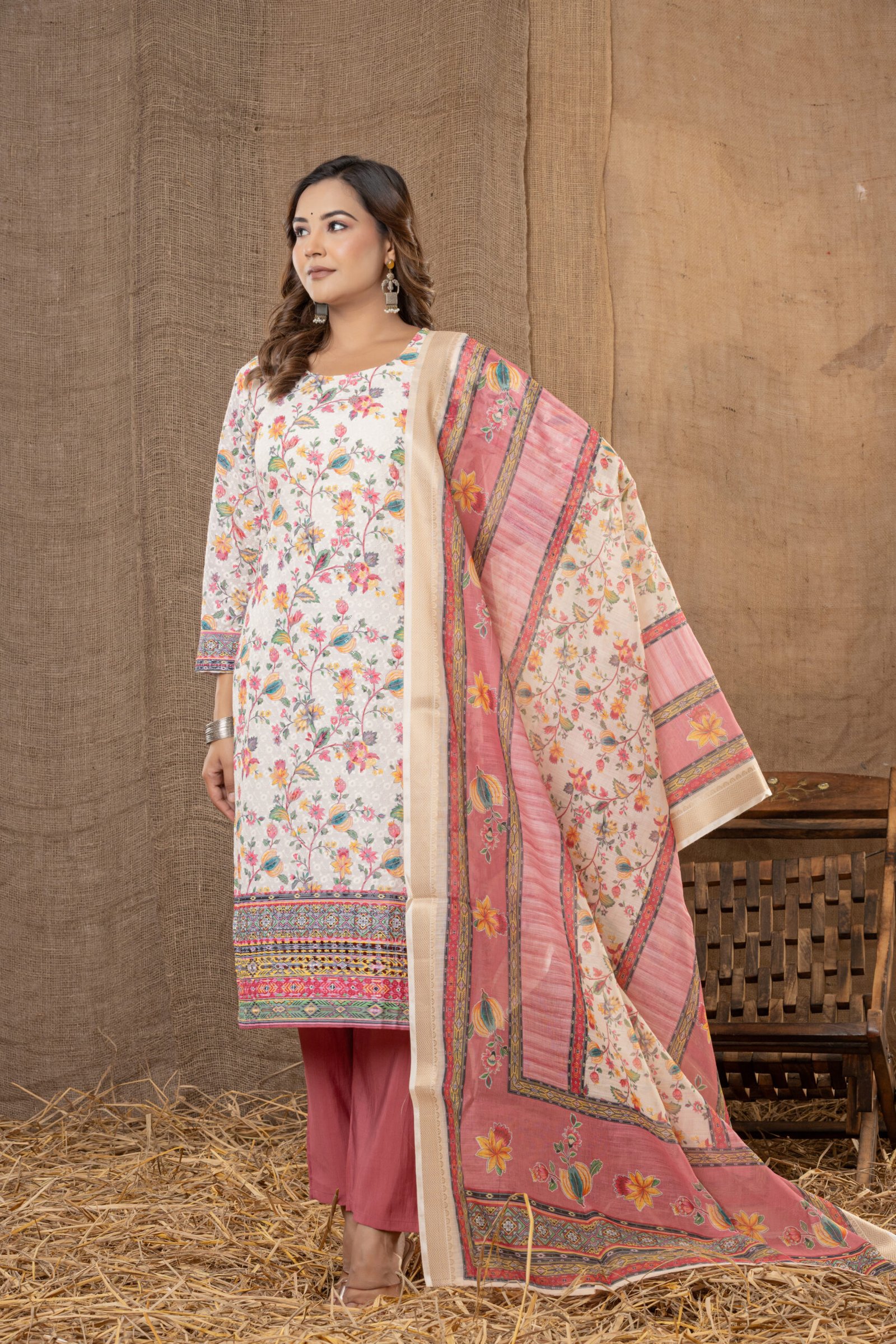 Women's Off-White Multi-Colour Floral Embroidered Cotton Suit Set with Pants & Dupatta - Image 7