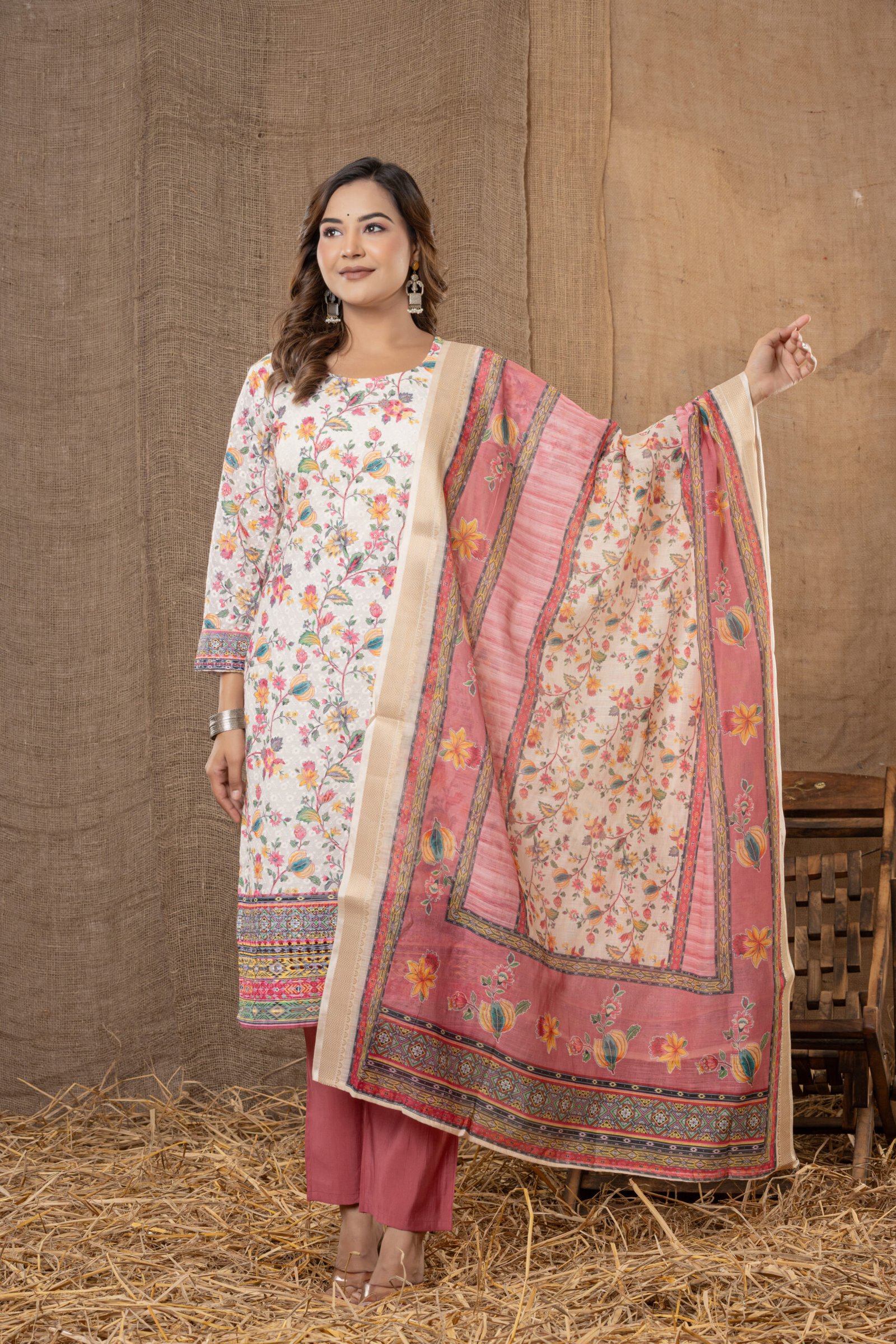 Women's Off-White Multi-Colour Floral Embroidered Cotton Suit Set with Pants & Dupatta - Image 8