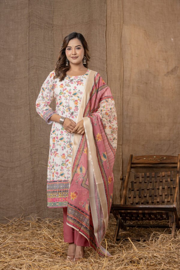 Women's Off-White Multi-Colour Floral Embroidered Cotton Suit Set with Pants & Dupatta