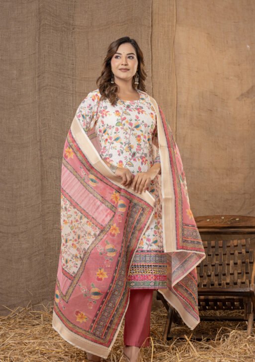 Women's Off-White Multi-Colour Floral Embroidered Cotton Suit Set with Pants & Dupatta