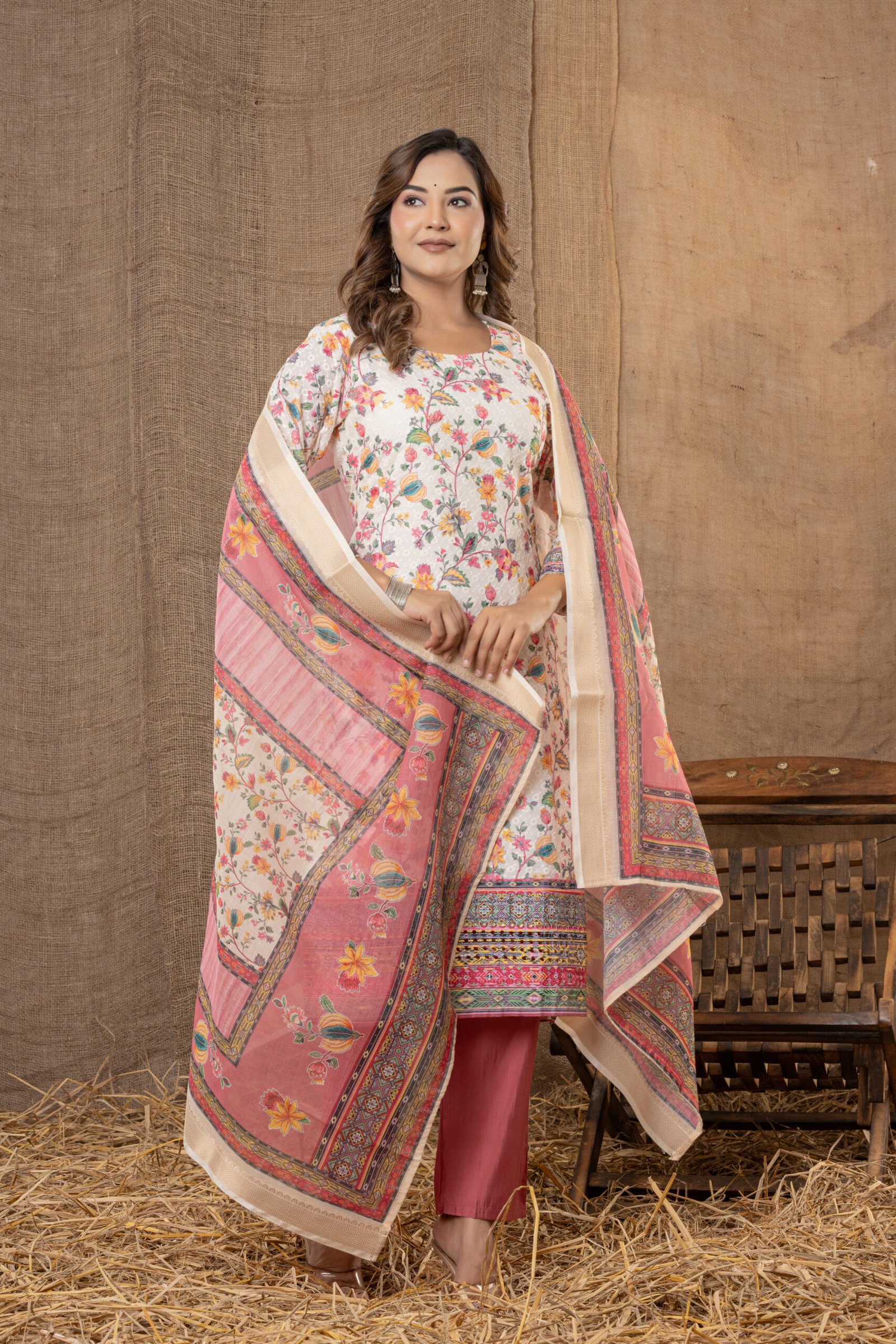 Women's Off-White Multi-Colour Floral Embroidered Cotton Suit Set with Pants & Dupatta - Image 1