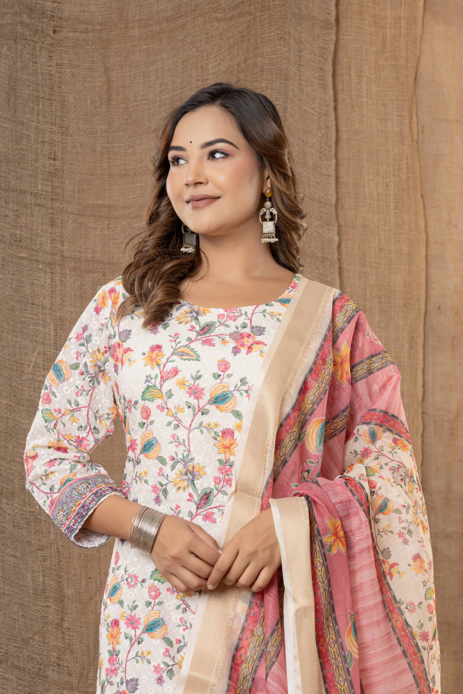 Women's Off-White Multi-Colour Floral Embroidered Cotton Suit Set with Pants & Dupatta - Image 9