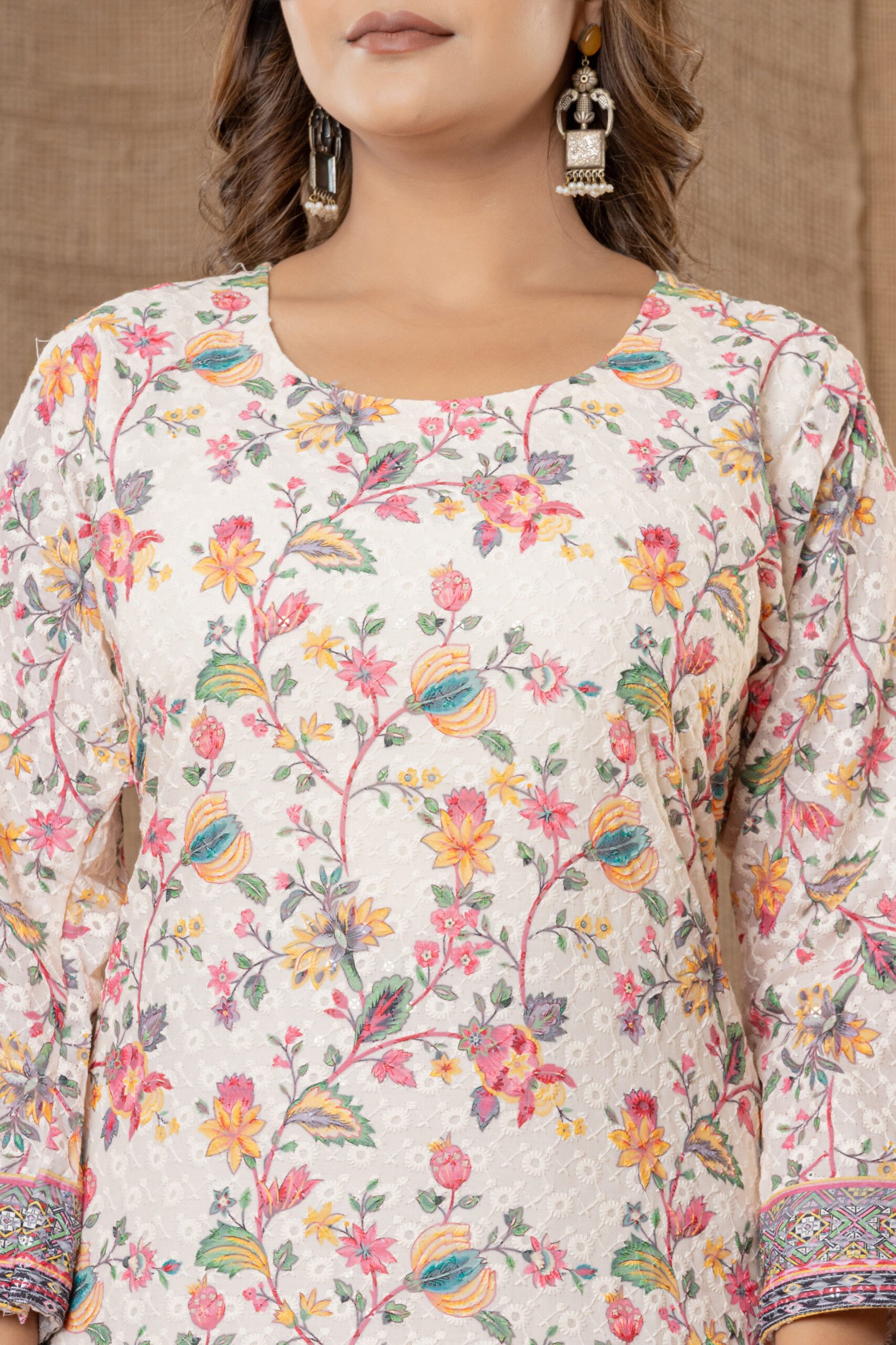 Women's Off-White Multi-Colour Floral Embroidered Cotton Suit Set with Pants & Dupatta - Image 4