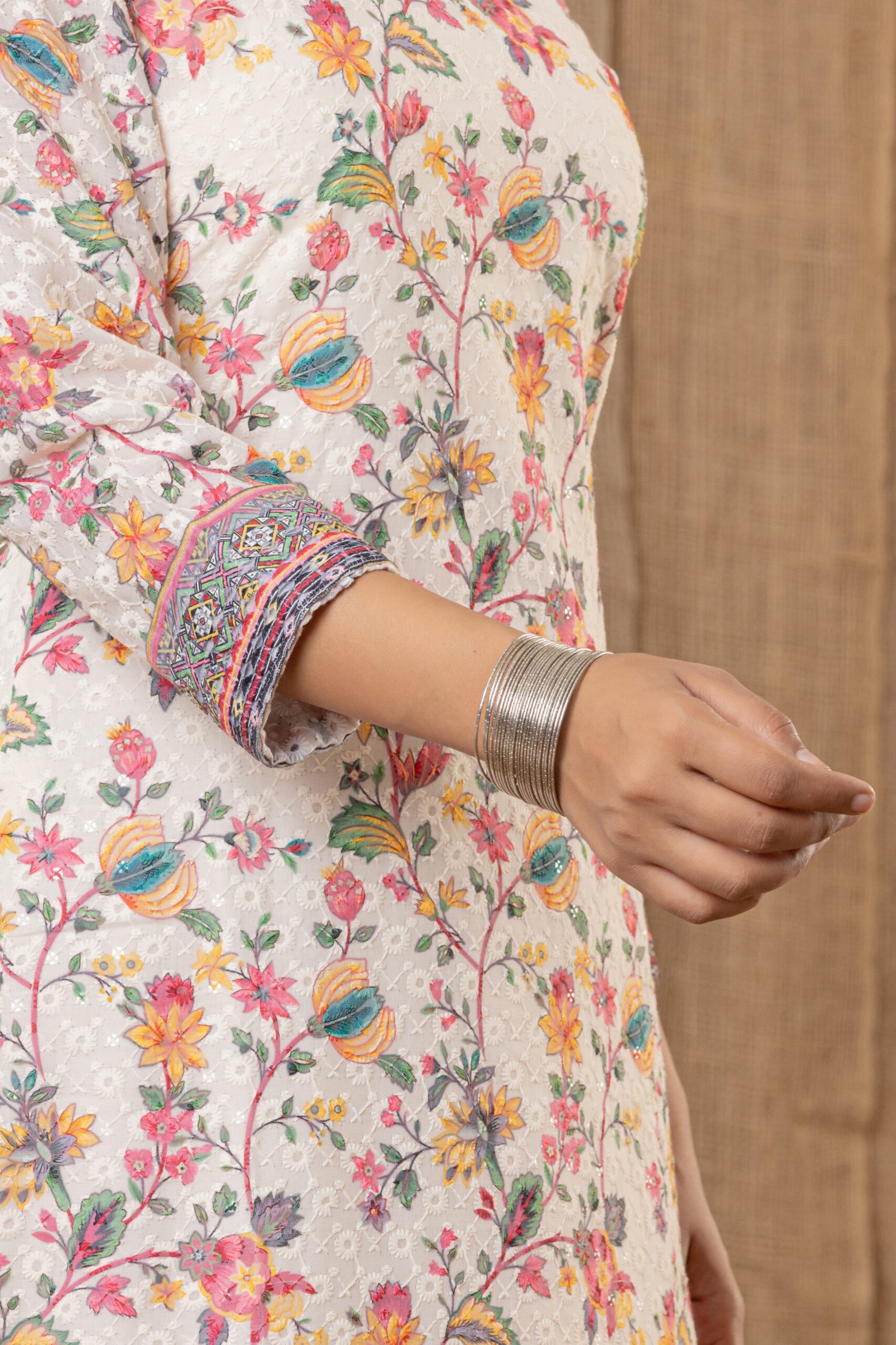 Women's Off-White Multi-Colour Floral Embroidered Cotton Suit Set with Pants & Dupatta - Image 6