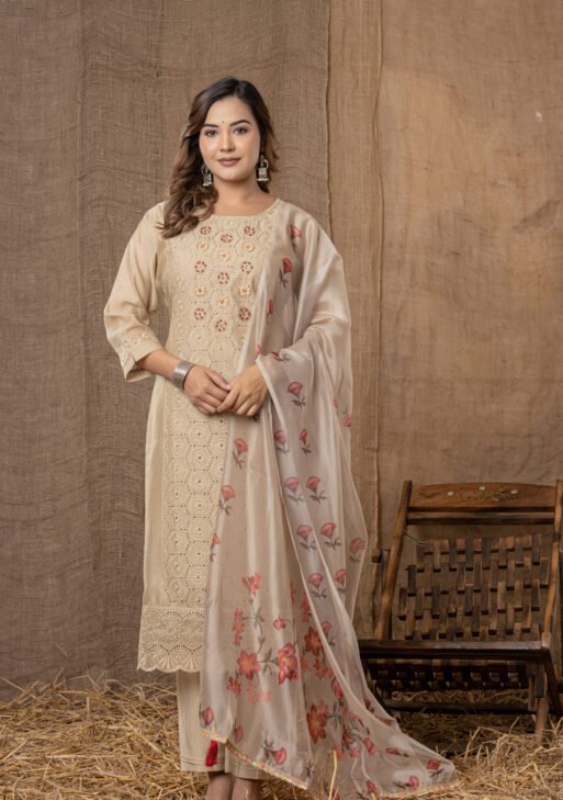 Women’s Beige Embroidered Straight Kurta Set with Floral Printed Dupatta