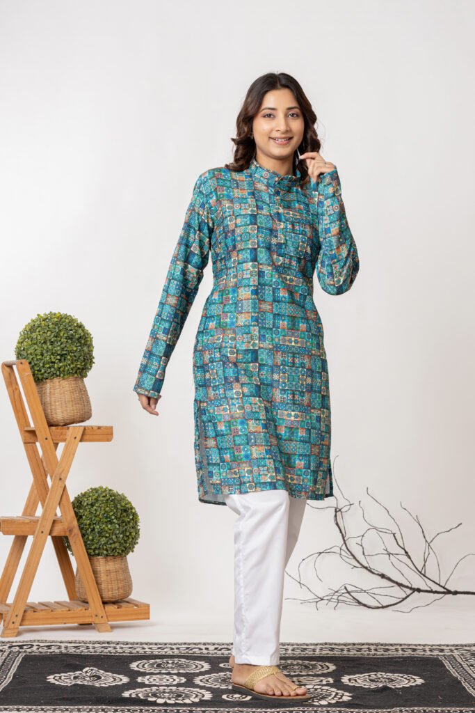 Teehance Women’s Blue & Multicolor Printed Straight Kurta
