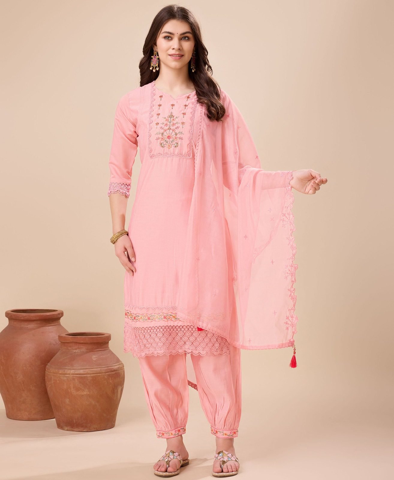 Women's Baby Pink Embroidered Kurta Set With Dupatta