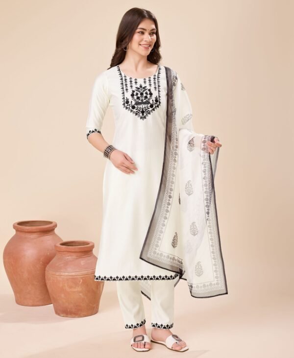 Women's White & Black Embroidered Kurta Set with Dupatta