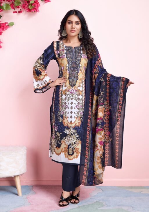 Women's Navy Blue & Mustard Baroque Printed Kurta Set with Pant & Dupatta