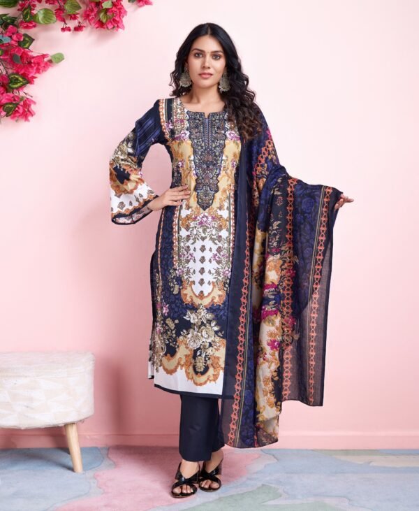Women's Navy Blue & Mustard Baroque Printed Kurta Set with Pant & Dupatta