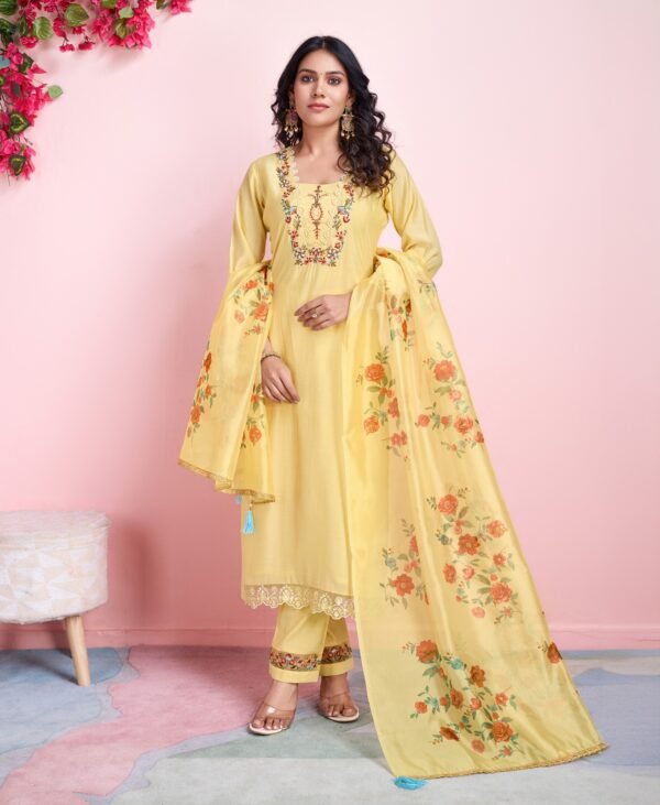 Women's Lemon Yellow Floral Embroidered Kurta Set with Printed Dupatta