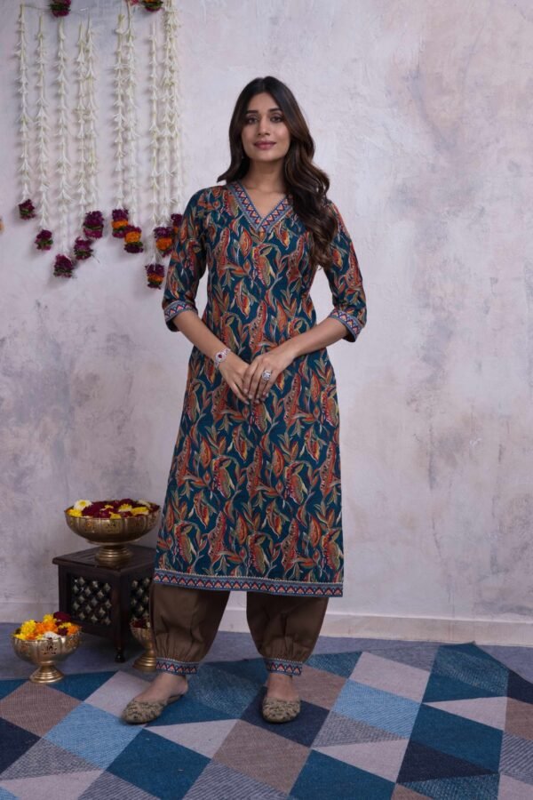 Women's Blue Multicolor Leaf Printed Kurta Set with Brown Salwar