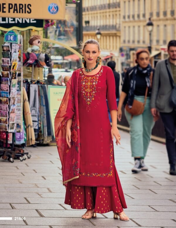 Women's Maroon Embroidered Kurta with Sharara Pant & Dupatta