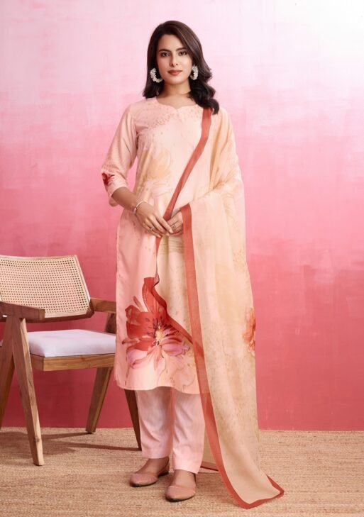 Women's Peach Floral Printed Kurta Set with Dupatta