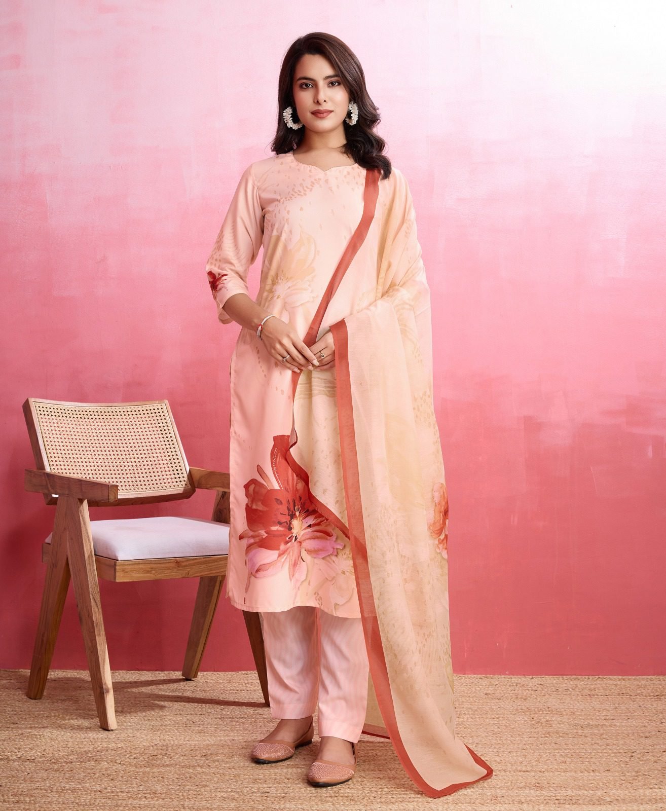 Women's Peach Floral Printed Kurta Set with Dupatta