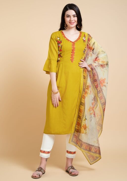 Women's Mustard Yellow Embroidered Kurta Set with Printed Dupatta
